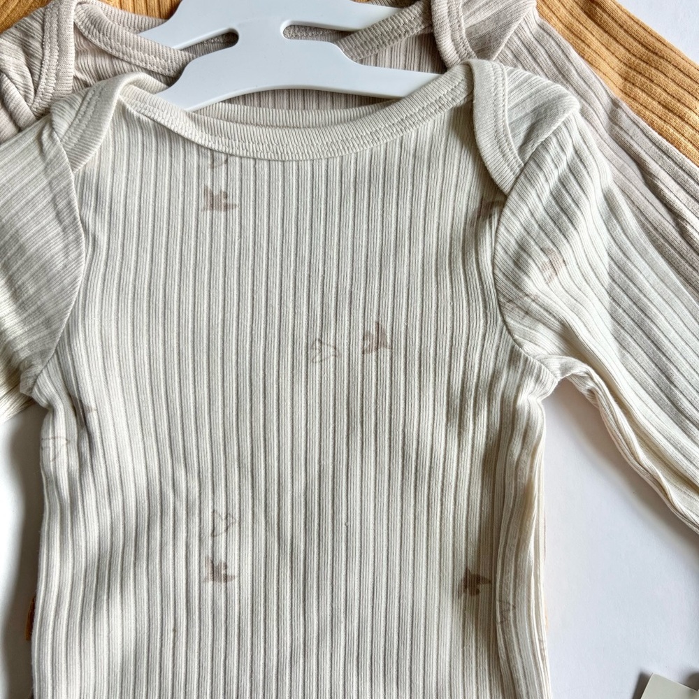 2 Cloud Island 3pc Ribbed Cream and Tan Baby Bodysuit Set Long Sleeve Bird Print - Picture 4 of 13